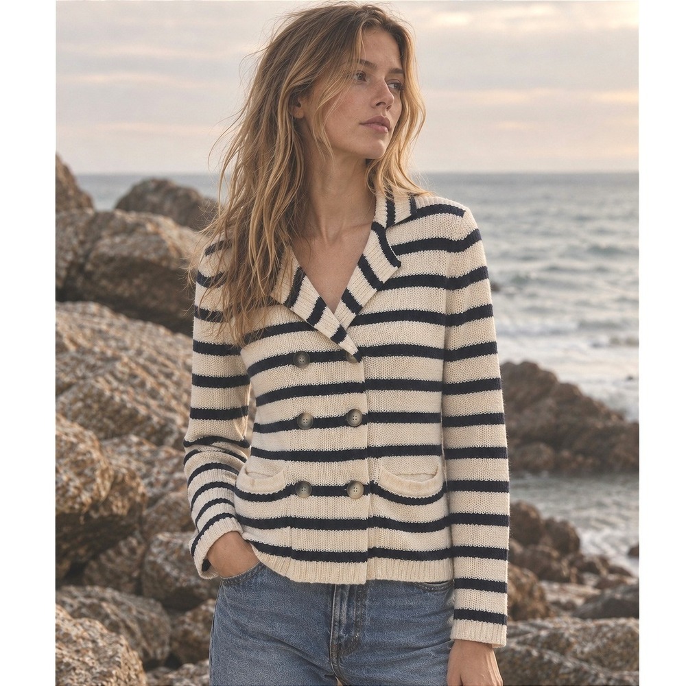 Striped Knit Cardigan Sweater Navy Blue Small Coastal Nautical Preppy Cotton